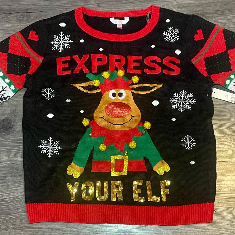 NWT black Christmas sweater sz XXL (19) express your Elf sequence embellishment